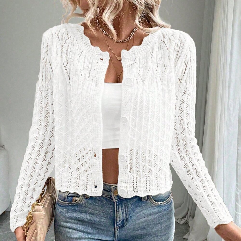 White Casual Women's Crew Neck Hollow Front Button Cardigan Knit Sweater